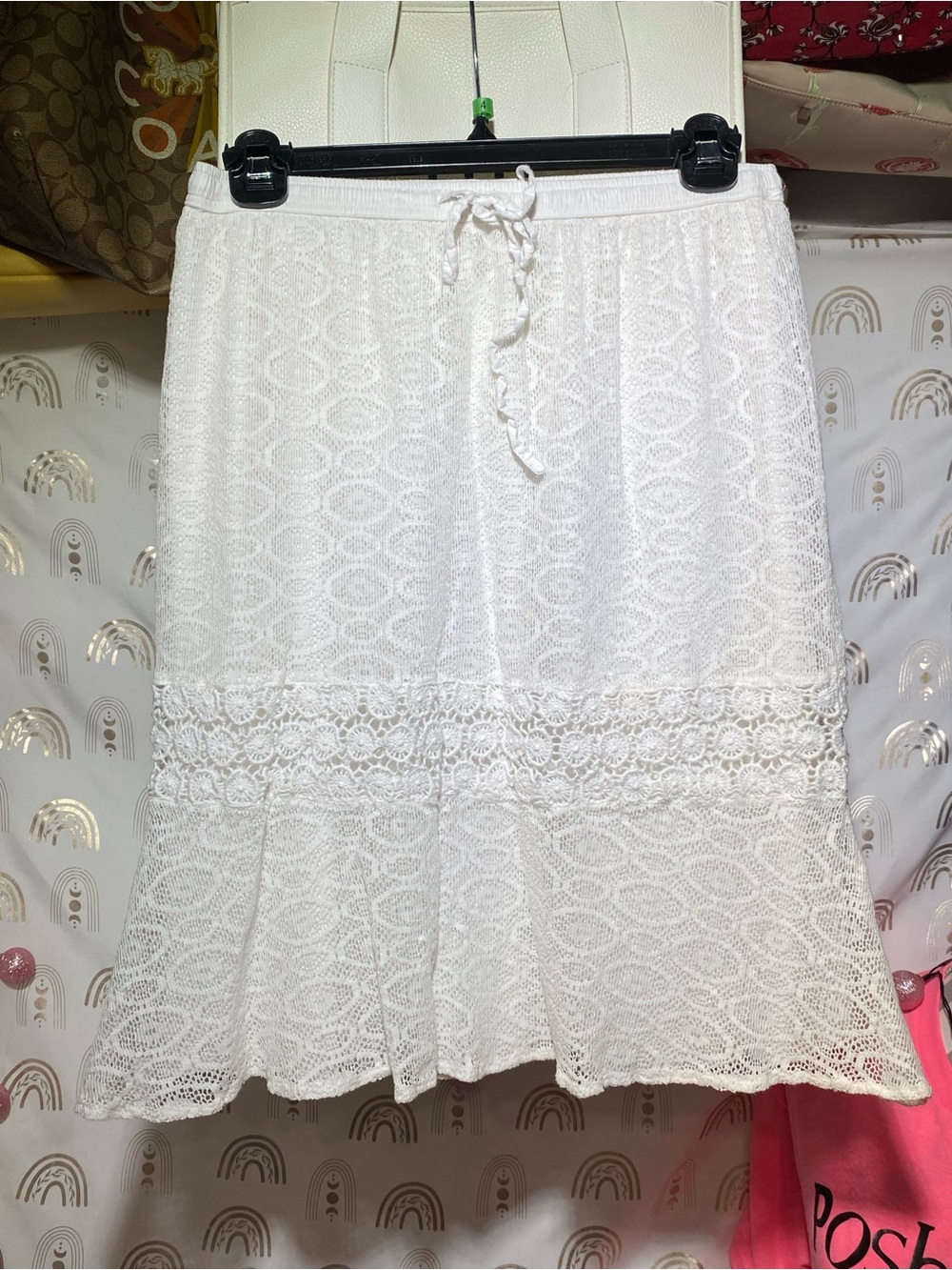 Studio West White Crochet Lace Tiered Midi Skirt